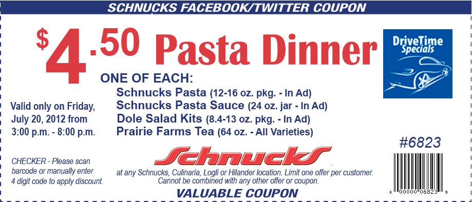 Schnucks coupon deals Save Up To 25% On Schnucks Products + Free P&P. Find great savings to get at the lowest price when place an order. Save big bucks w/ this offer: Save Up to 25% on Schnucks products + Free P&P. Save on your favorite products.